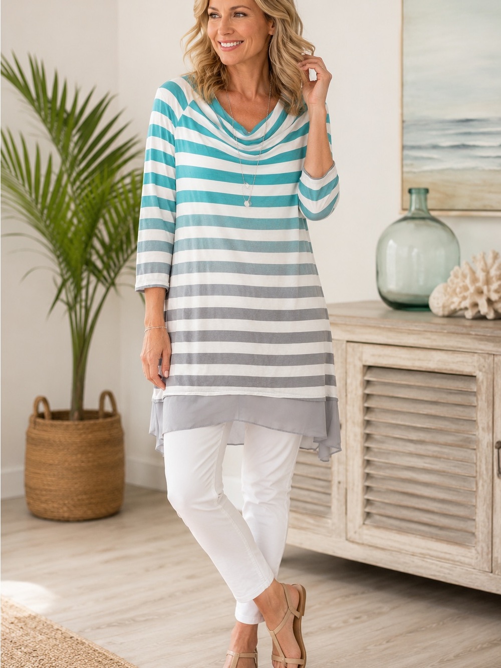 LOGO Lori Goldstein XL Ombre Striped Cowl Neck Layered Hem Tunic